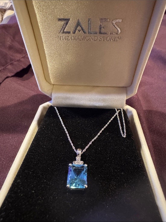 Zales Jewelry - Zales 10KWG Blue Rectangular Crystal Pendant Necklace